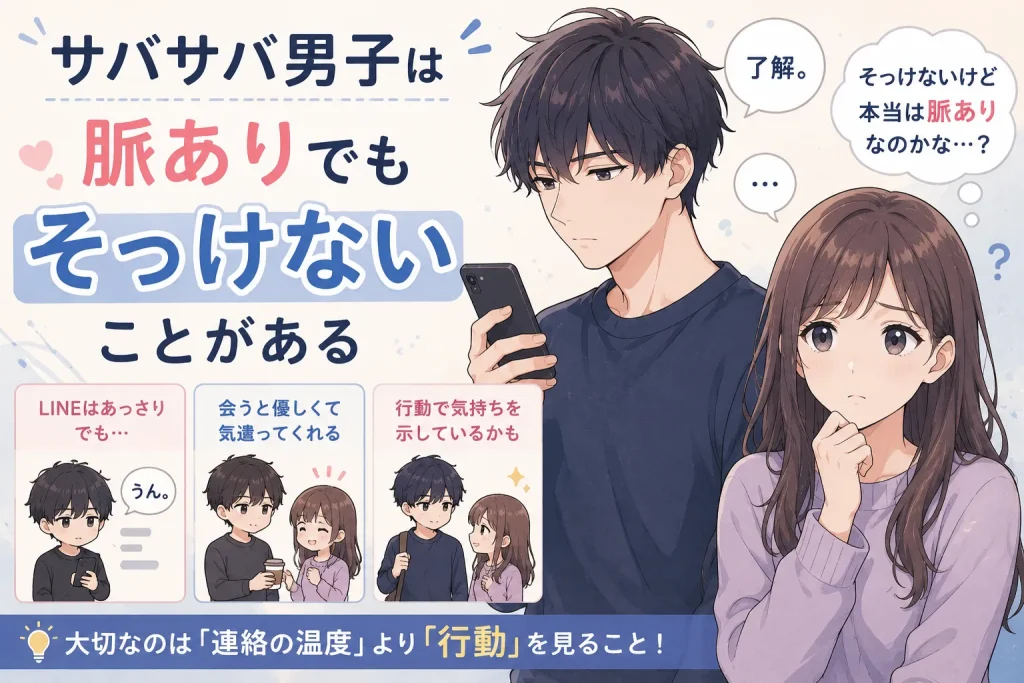 サバサバ男子は脈ありでもそっけないことがある恋愛心理を解説したイラスト