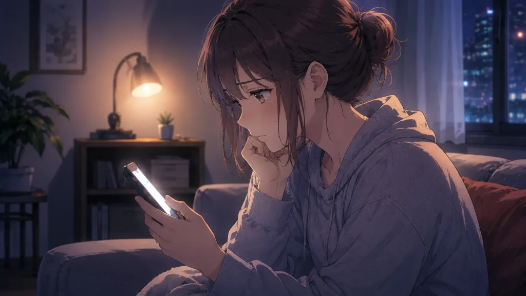 夜の部屋でスマホを見つめながら悩む女性のアニメイラスト