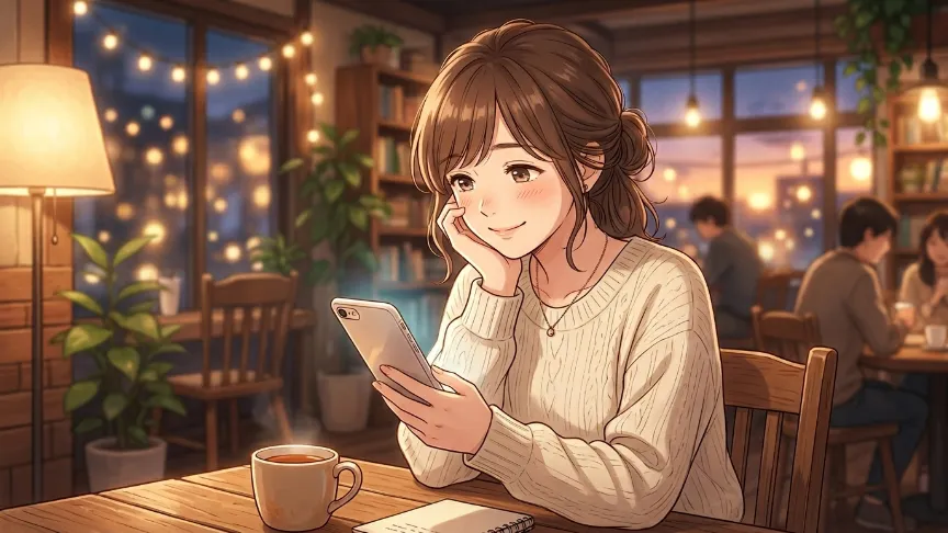 返信内容に安心して笑顔になる女性の恋愛イラスト