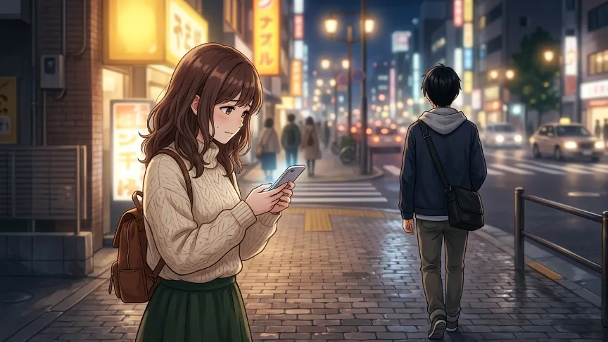 デート後に連絡が減って不安そうにスマホを見る女性のイラスト