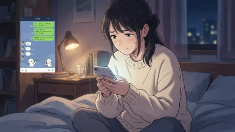 デート後にLINEがそっけなくなり、不安そうにスマホを見る女性の恋愛イラスト