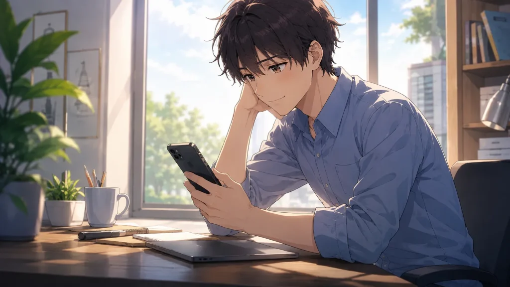 スマホを見ながら穏やかな表情を見せる男性のアニメイラスト