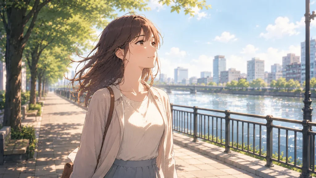 川沿いを歩きながら前向きな気持ちを取り戻していく女性のアニメイラスト
