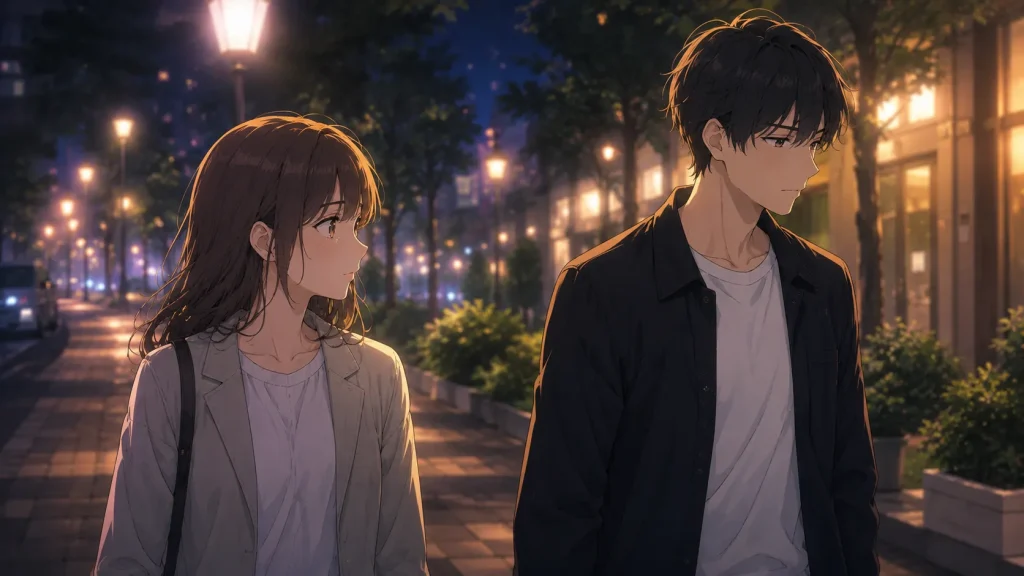 夜の街で距離感のある雰囲気を見せる男女のアニメイラスト