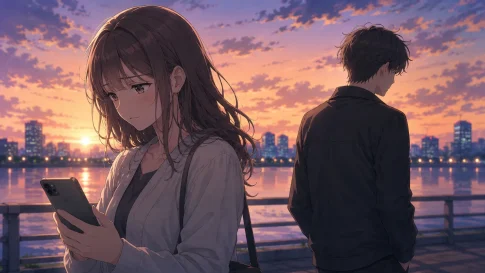 夕焼けの中でスマホを見つめる女性と距離を取る男性のアニメイラスト