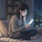 デート後に男性からの連絡を待ちながら悩む女性のアニメイラスト