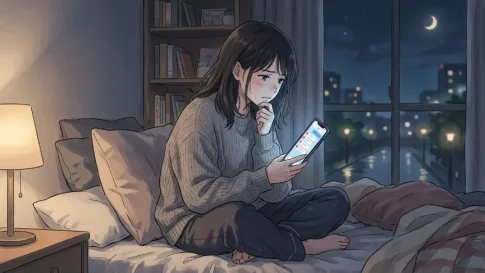 デート後に男性からの連絡を待ちながら悩む女性のアニメイラスト
