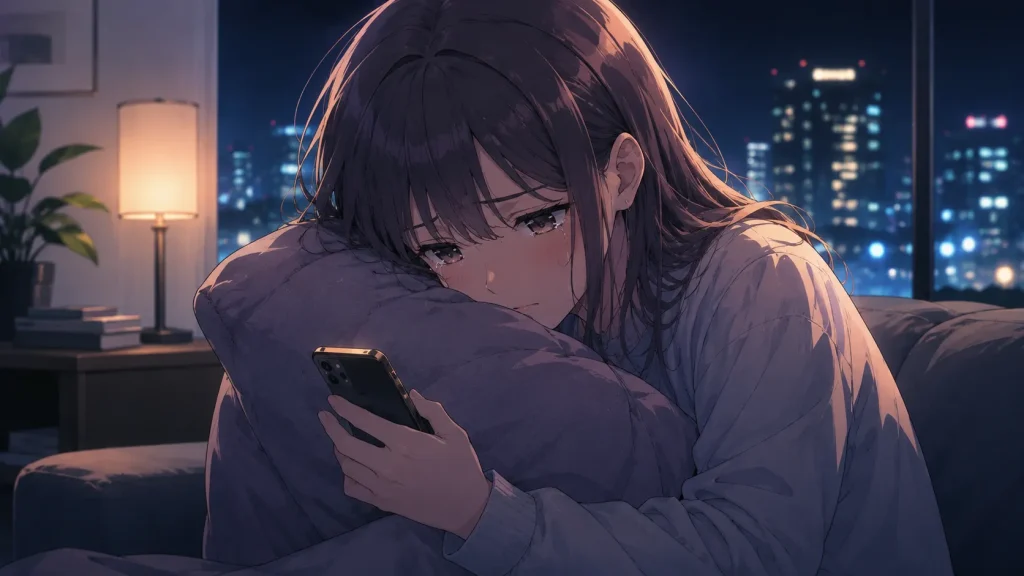 スマホを握りしめながら涙をこらえる女性のアニメイラスト