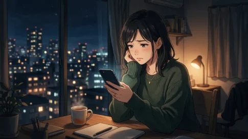 デート後の返信を待ちながら不安そうにスマホを見る女性の恋愛心理イラスト