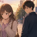 デート後に連絡が減って不安そうにスマホを見る女性と穏やかな男性のアニメイラスト