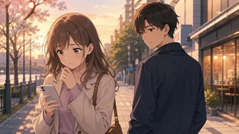 デート後に連絡が減って不安そうにスマホを見る女性と穏やかな男性のアニメイラスト
