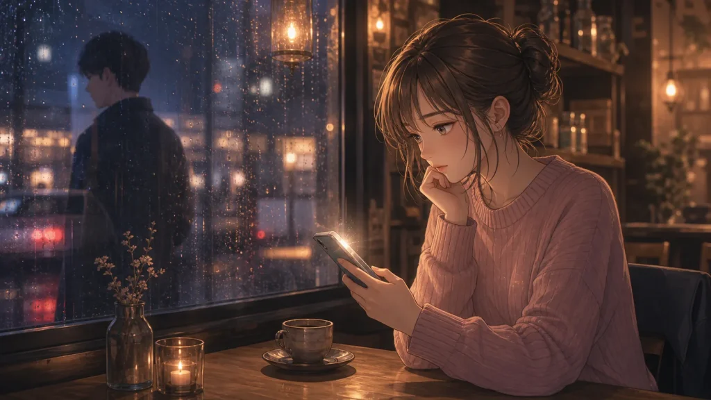 カフェでスマホの通知に気づき、ブロック後の男性の未練サインを感じる女性のイラスト