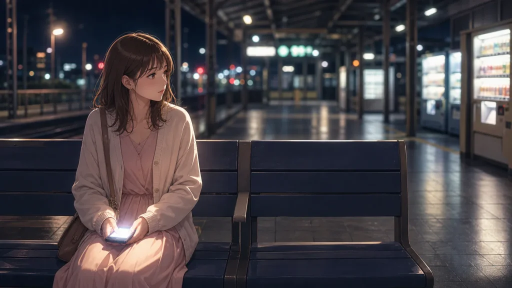 駅のベンチでスマホを見ながら、ブロック解除後に連絡がこない理由を考える女性のイラスト