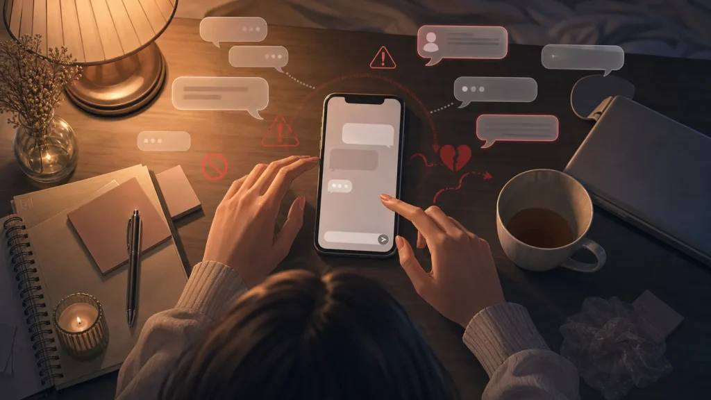 ブロック解除後に連絡しようか迷う女性の手元と注意を促すスマホのイラスト