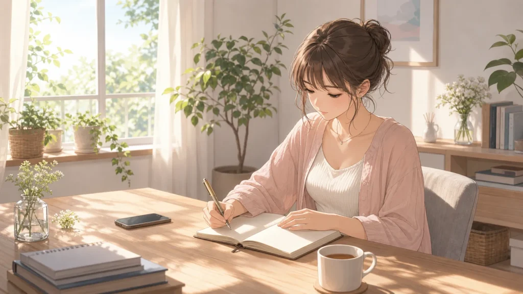 スマホを置いてノートに気持ちを整理し、ブロック解除後の対応を考える女性のイラスト