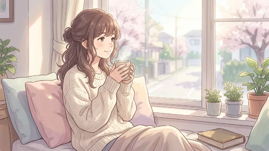 恋愛の不安を落ち着かせながら穏やかな時間を過ごす女性のイラスト