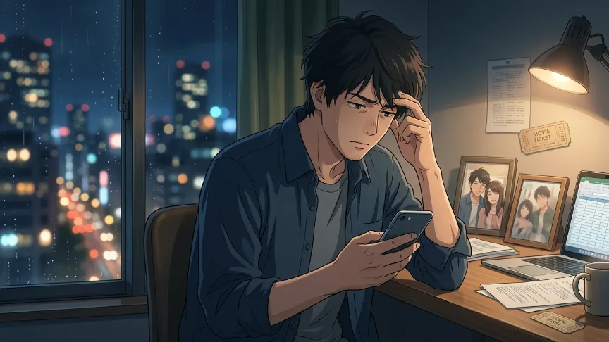 付き合う前に連絡頻度が減りスマホを見ながら悩む男性の心理イメージ