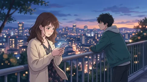 付き合う前に連絡が減って不安になる女性と距離を感じる男女のイメージ