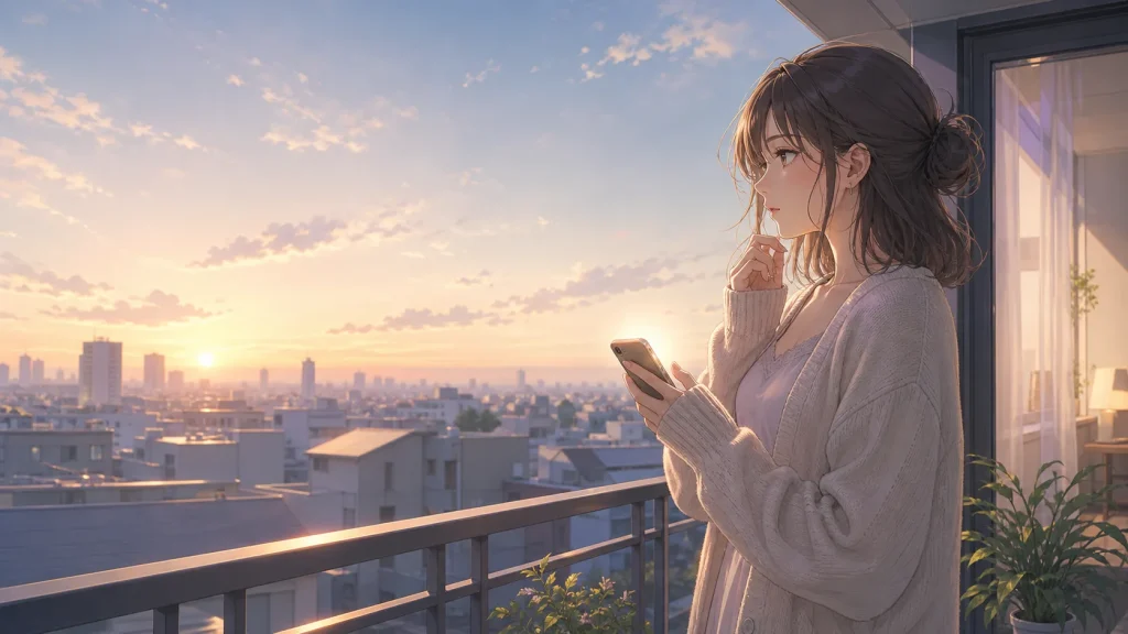 ベランダでスマホの通知を見ながら、元彼のブロック解除が復縁サインか考える女性のイラスト
