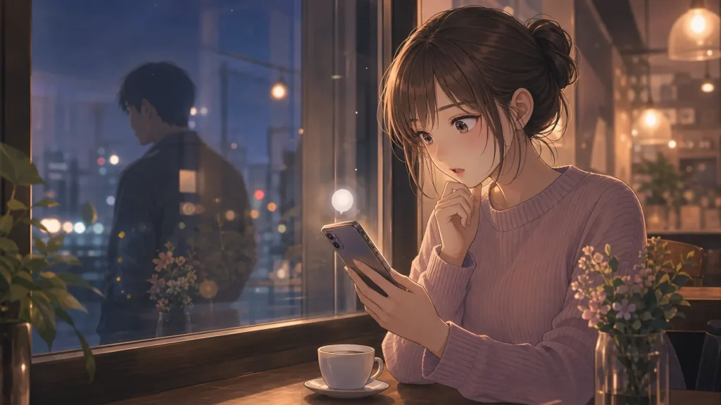 カフェでスマホの通知に気づき、元彼のブロック解除の前兆を感じる女性のイラスト