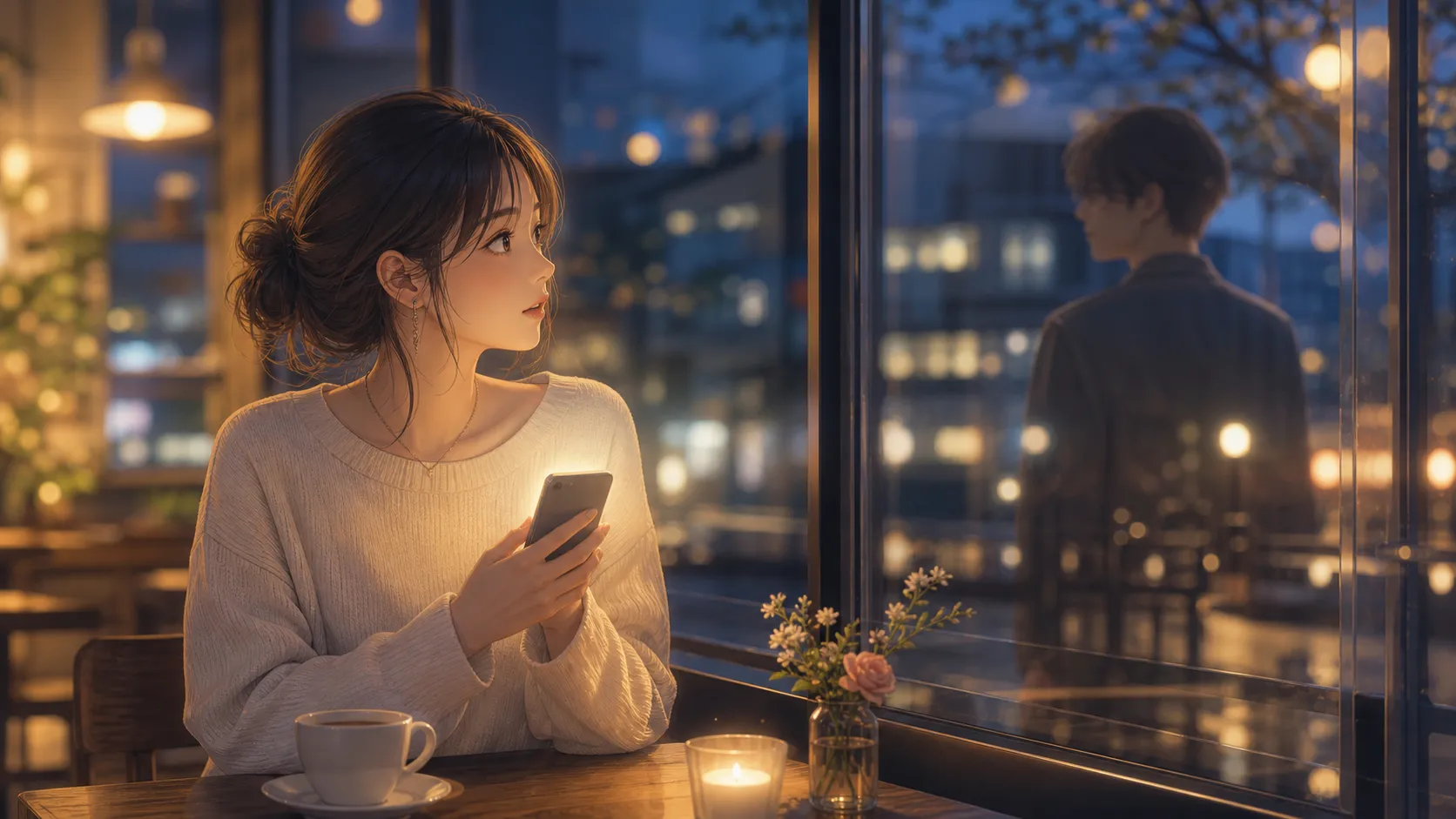 元彼のブロック解除に気づき、復縁の可能性を慎重に考える女性のイラスト