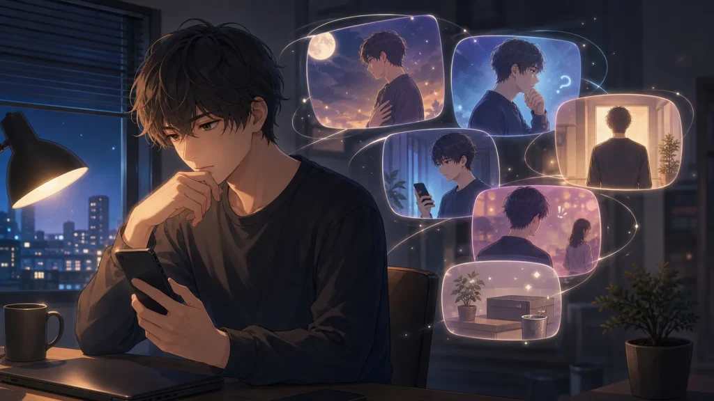 スマホを操作しながら、ブロック解除するか迷う男性の心理を表したイラスト