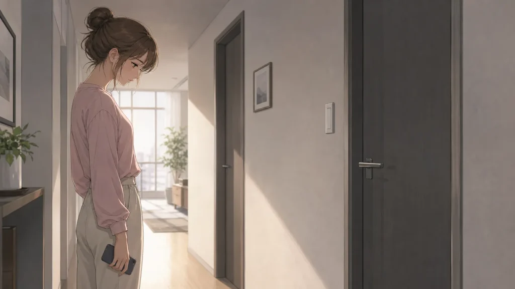 閉じたドアの前でスマホを持ち、元彼との距離を受け止める女性のイラスト