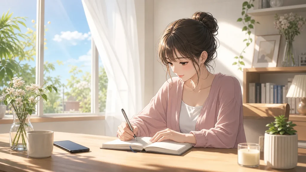スマホを置いてノートに気持ちを整理する女性の穏やかなイラスト