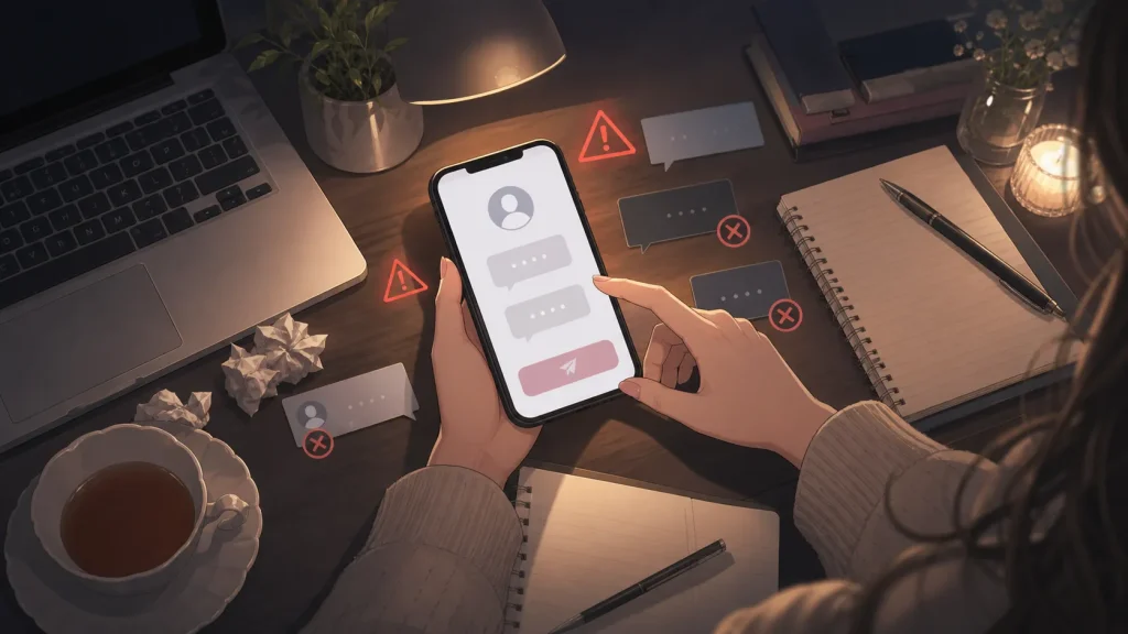 ブロック後に連絡しようか迷う女性の手元と注意を促すスマホのイラスト