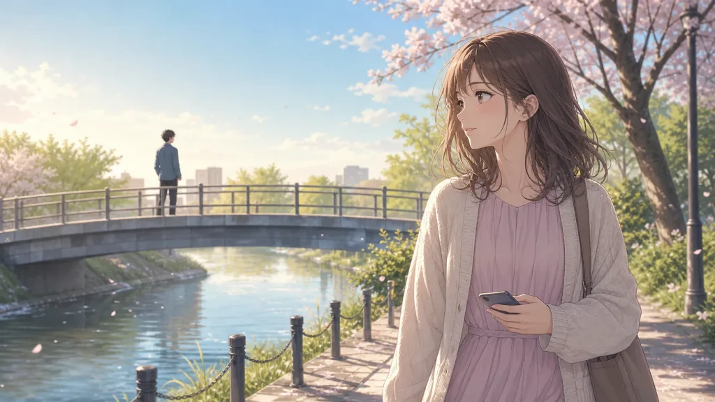 橋の向こうに立つ元彼を見つめながら、復縁の可能性を考える女性のイラスト
