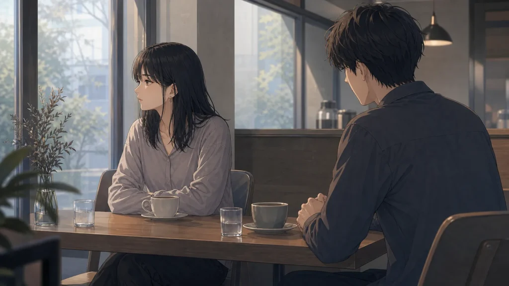 サバサバ彼女との会話に距離を感じる男性のイラスト