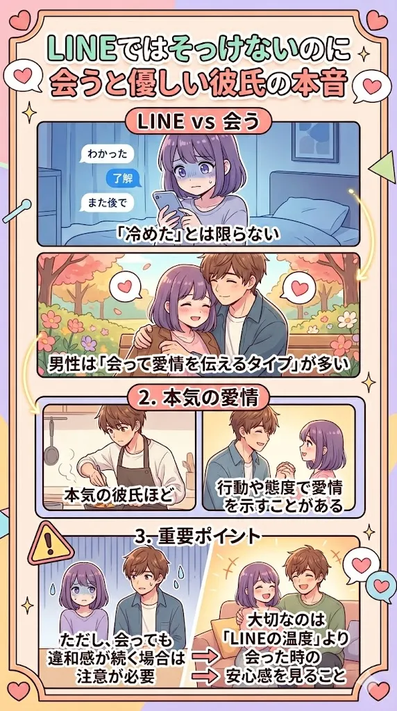 LINEではそっけないのに会うと優しい彼氏の本音を解説した図解｜冷めたわけではない男性心理と脈ありサイン