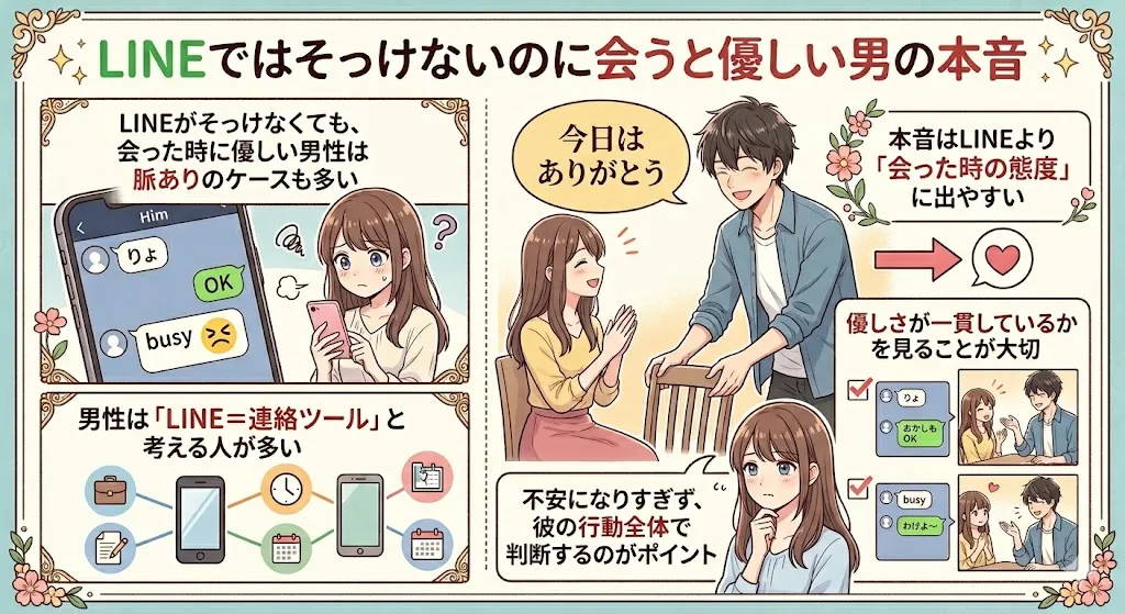 LINEではそっけないのに会うと優しい男性心理を解説したアニメ風図解。LINEは冷たいが対面では優しい男性の脈ありサインや本音、見極めポイントを紹介しているイラスト