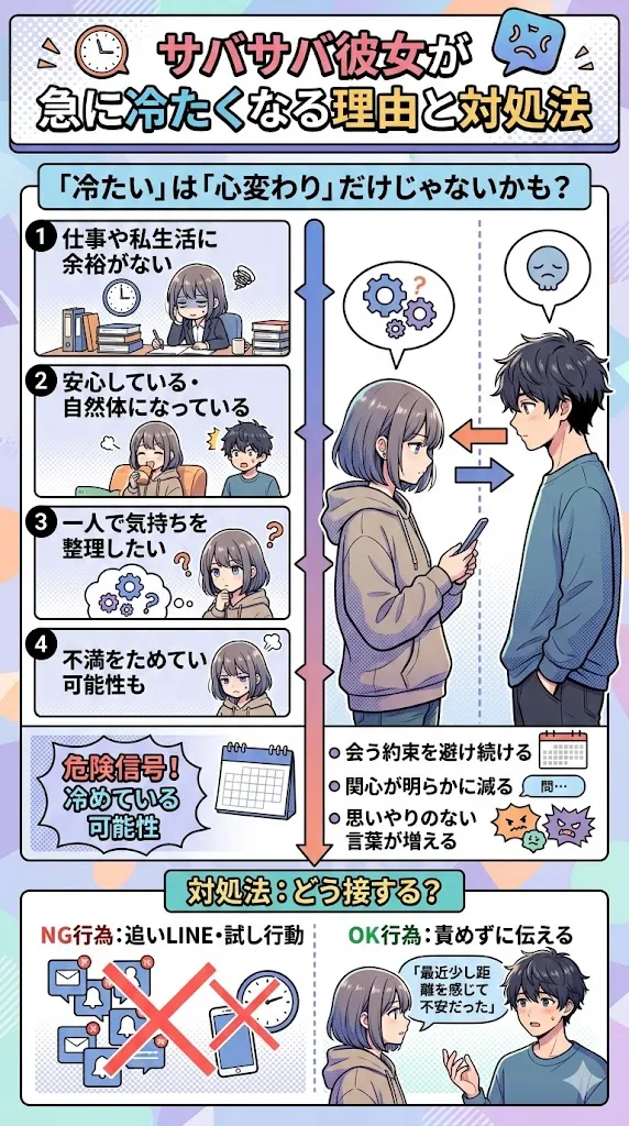 サバサバ彼女が急に冷たくなる理由と対処法を解説した図解イラスト