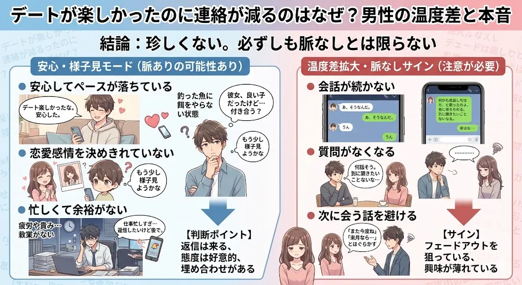 デートが楽しかったのに連絡が減る男性心理を解説した図解