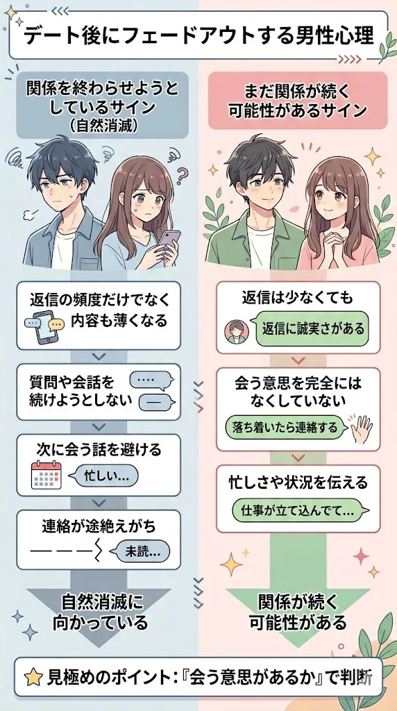 デート後にフェードアウトする男性心理と自然消滅サイン・関係継続サインを比較した図解