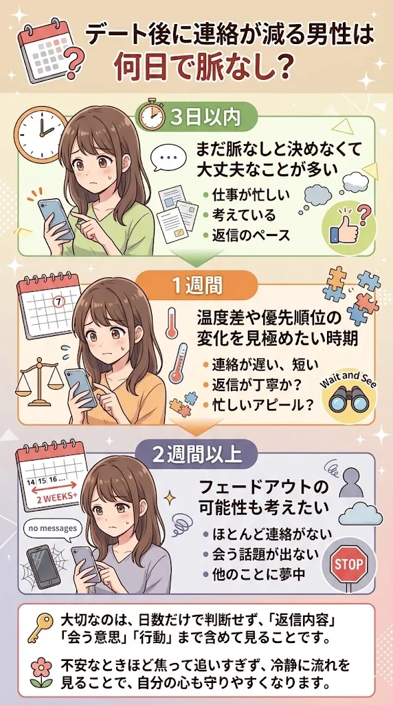 デート後に連絡が減る男性は何日で脈なしなのかを3日・1週間・2週間ごとに解説した図解