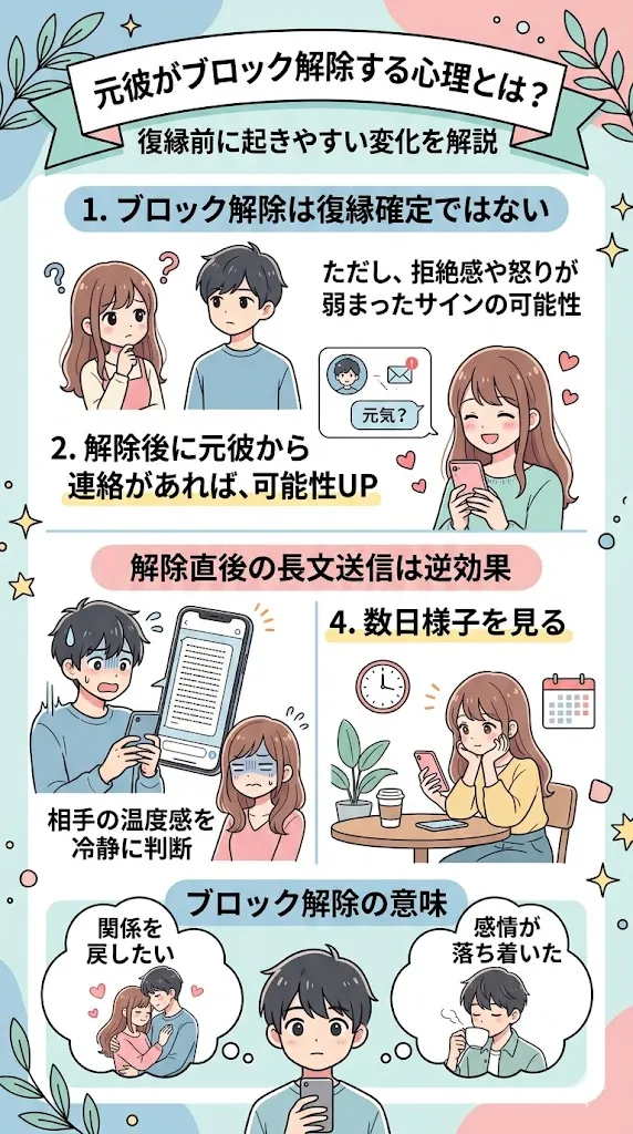 元彼がブロック解除する心理や、復縁前に起きやすい変化と女性側の注意点を解説した図解イラスト
