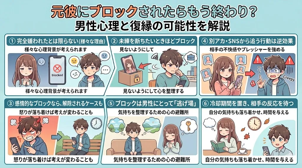 元彼にブロックされた女性向けに、男性心理や復縁の可能性、NG行動を解説した図解イラスト