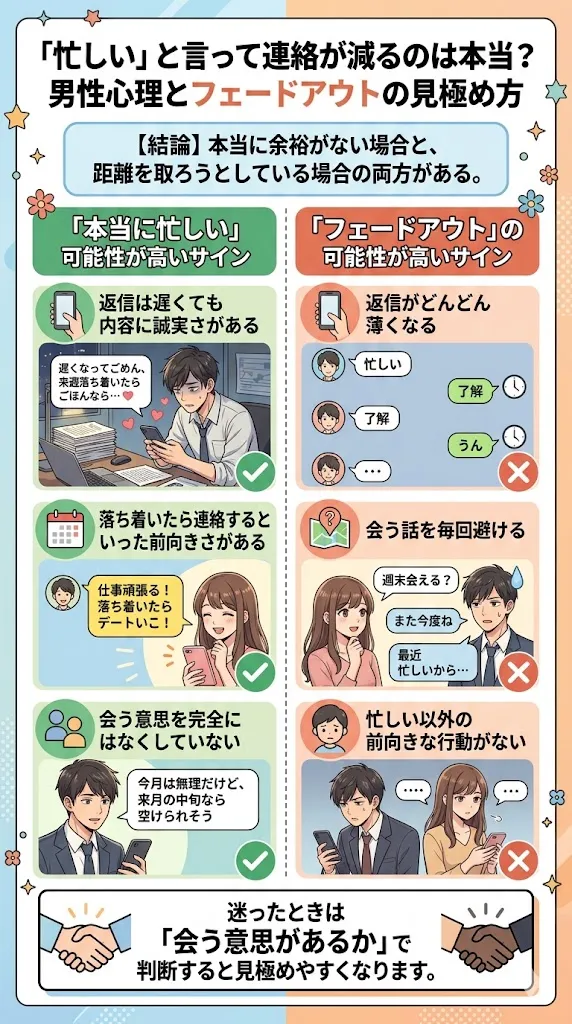 忙しいと言って連絡が減る男性心理とフェードアウトの違いを比較解説した図解