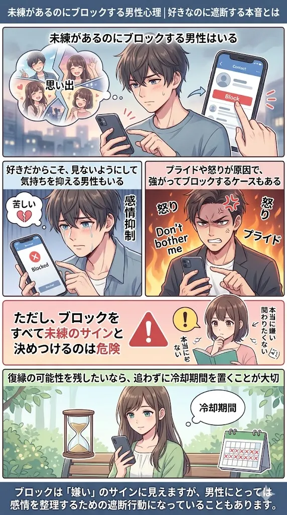 未練があるのにブロックする男性心理や、好きなのに距離を置く本音を解説した図解イラスト
