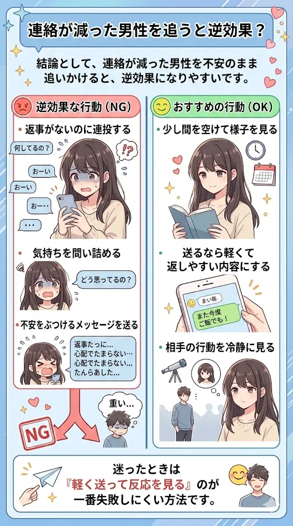 連絡が減った男性を追うと逆効果になるNG行動と正解行動を比較した恋愛心理の図解