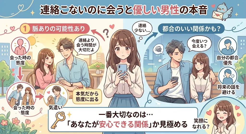 連絡こないのに会うと優しい男性心理を解説したアニメ風図解。脈ありサインや都合のいい関係の見極め方、本気かどうかを判断するポイントを紹介しているイラスト