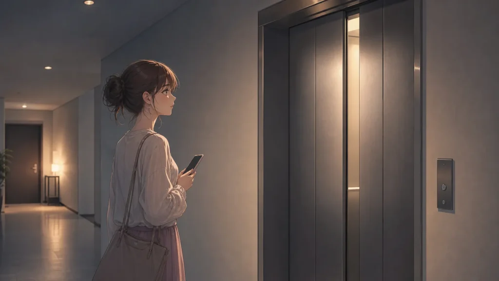 エレベーター前でスマホを持ち、ブロック解除が復縁とは限らないことを考える女性のイラスト