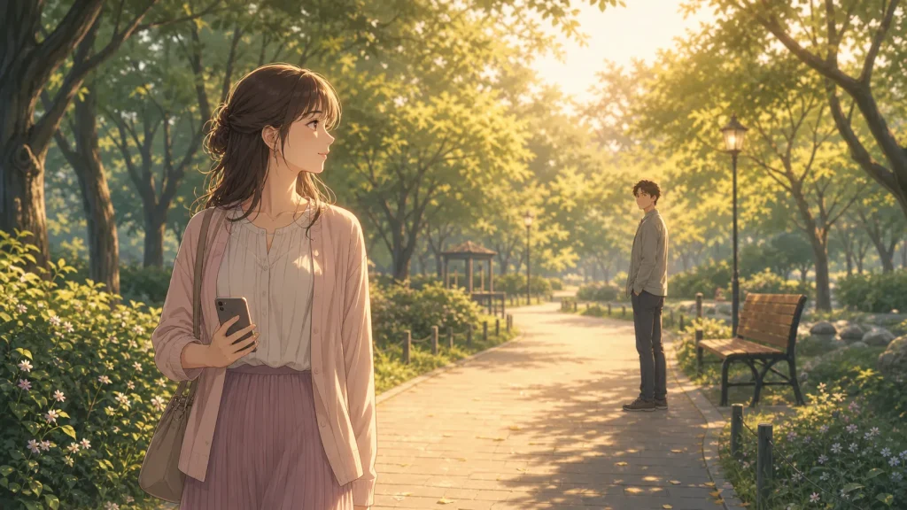 公園の道で距離を保ちながら、元彼との復縁の可能性を感じる女性のイラスト
