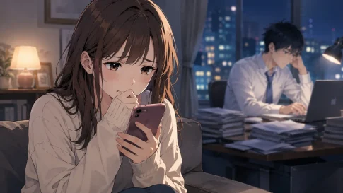 忙しいと言って連絡が減った男性に不安を感じる女性のイラスト