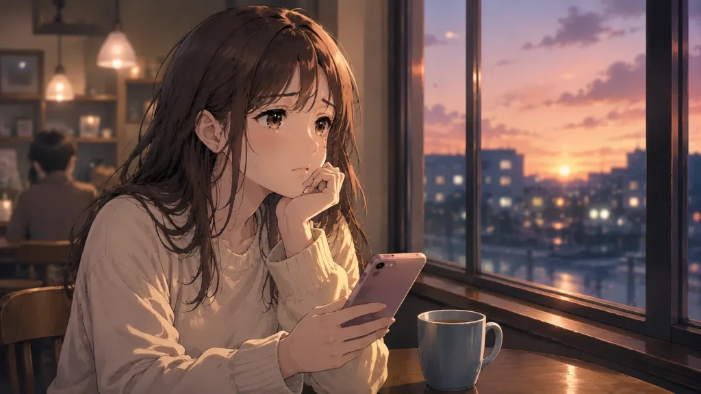 忙しいと言われて不安な気持ちでスマホを見つめる女性のイラスト