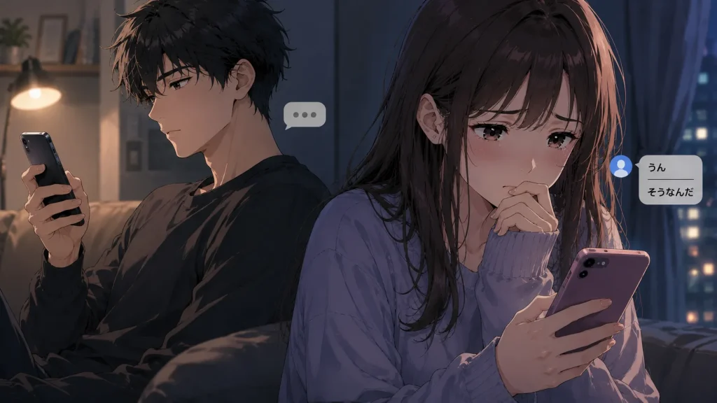 忙しいを理由に距離を取ろうとする男性と不安になる女性のイラスト