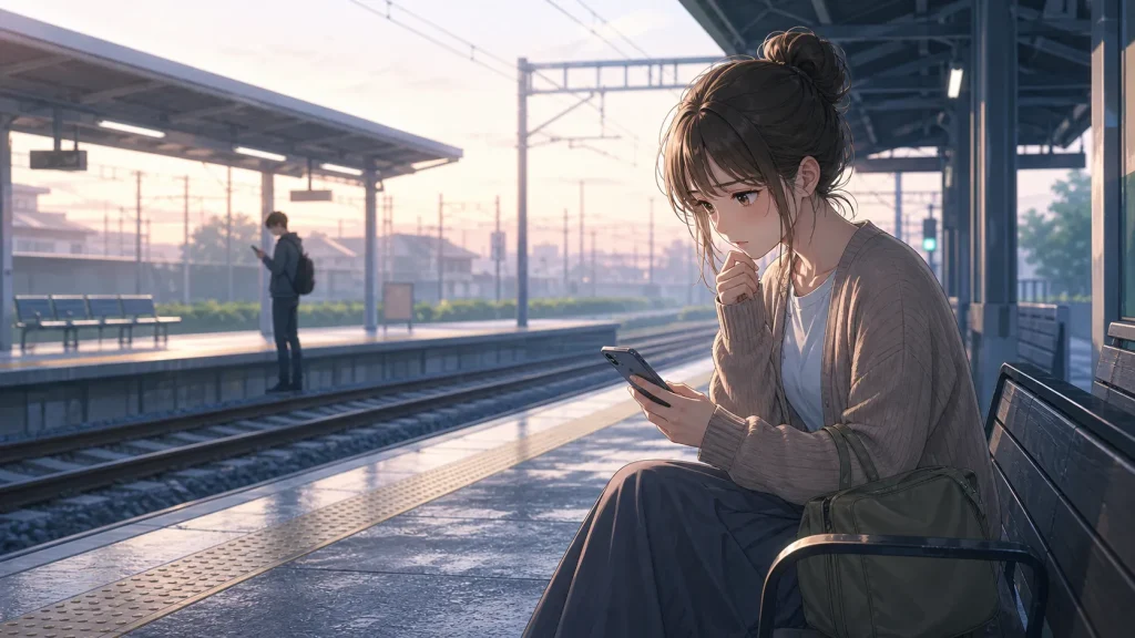 駅のホームでスマホを見ながら、未練があるのにブロックする男性心理に悩む女性のイラスト