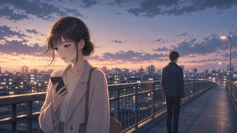 未練があるのにブロックする男性心理を表す、スマホを見る女性と背を向ける男性のイラスト